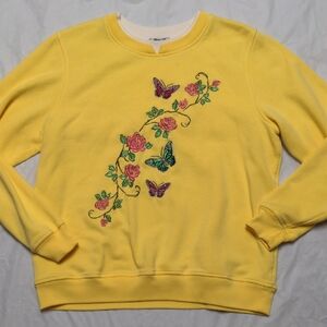 Vintage Grannycore Yellow Butterfly Embroidered Double Collar Sweatshirt Sz M